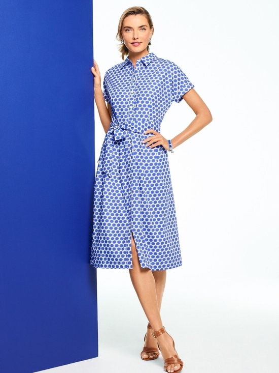 Talbots Dresses & Skirts - Talbots Cotton Blue & White Floral Dot Belted A-line Shirtdress - Size 14 Preppy